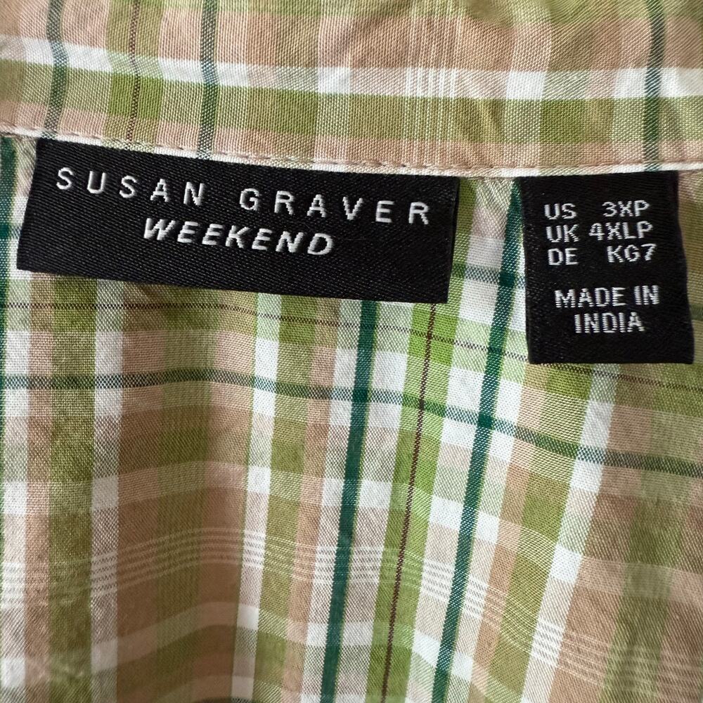 Susan Graver Oversized green plaid shirt size 3X/P Green White front pocket - Picture 2 of 10